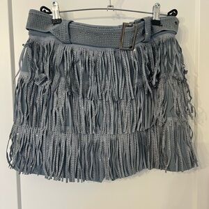 Fringed Mini Skirt in Denim with Silver Studs Throughout